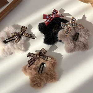 Set of 4 vintage plush star hair clips with plaid bows in white black grey and brown colors