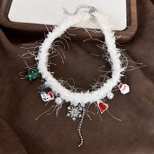 Christmas white plush choker necklace with festive snowflakes and holiday charms