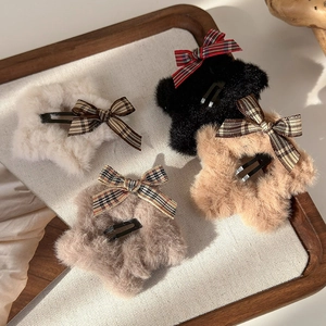 Retro plush star hair clips with plaid bows in cream, black, khaki and brown shades
