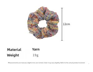 Detail of multi-color knitted scrunchie showing 12cm diameter and soft tweed texture