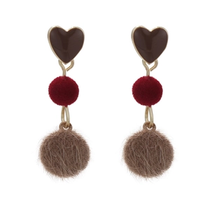 Boucles d'oreilles cœur et pompon à trois niveaux en émail marron et accents dorés