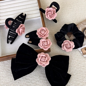 Black Velvet Pink Camellia Hair Clips For Women Elegant Bow Hair Ties Scrunchies Hair Claws Vintage Hair Accessories