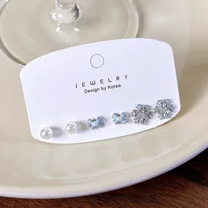 Fashion Korean Copper Zirconia Faux Artificial Pearl Bowknot Snowflake Stud Earrings Set For Women Elegant Light Blue Jewelry