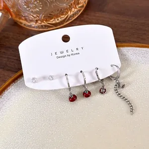 Copper Red Persimmon Drip Oil Earrings Rhinestone Studs With Long Chain Fashion Korean Style Jewelry For Women Celebration