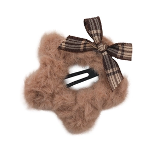 Cute brown plush star hair clip with vintage plaid bow and metal snap fastener
