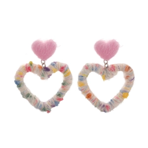 Rainbow yarn wrapped heart pendant earrings with pink plush texture for women