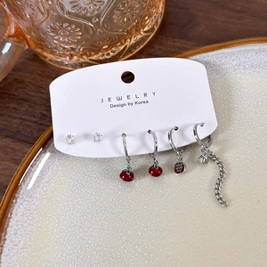 Red fruit charms and silver hoop earring 6-piece set with crystals on display card