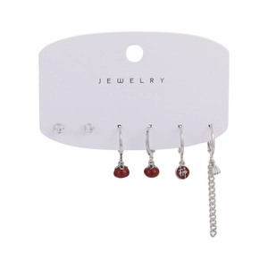 6-piece silver earring set with red persimmon charms and sparkling zircon studs