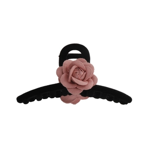 Elegant black velvet claw clip with 3D pink fabric camellia flower for women