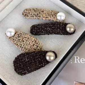 Vintage Tweed Artificial Pearl Hair Clip Set For Women Elegant Plaid Fabric Wrapped Barrettes Retro Maillard Style Hair Accessories