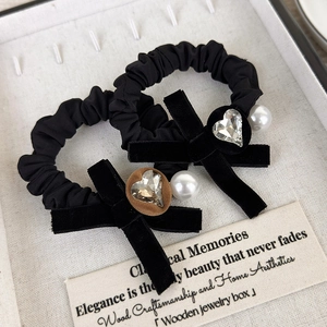 Elegant velvet bow hair ties with sparkling heart rhinestones and pearl pendants