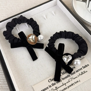 Velvet bow hair scrunchies set with heart crystal and pearl charm for hair styling