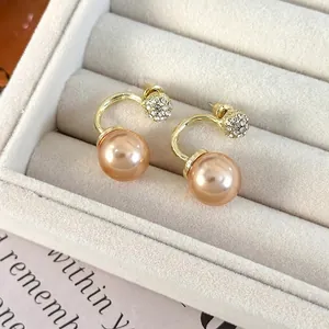 Elegant C-Shaped Alloy Champagne Artificial Pearl Stud Earrings For Women Light Luxury Rhinestone Inlaid Geometric Design Jewelry