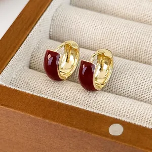 Vintage Copper Red Enamel Hoop Earrings For Women Minimalist Geometric Gold Plated Huggie Earrings Autumn Winter Jewelry Gift