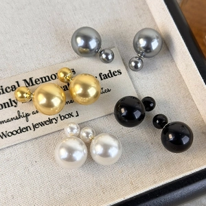 Elegant French double-sided pearl stud earrings in gold, silver, black, and white colors