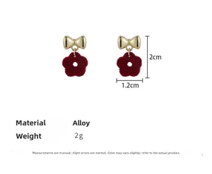 Detailed size parameters of red flocked flower and metal bow earrings, 2cm height