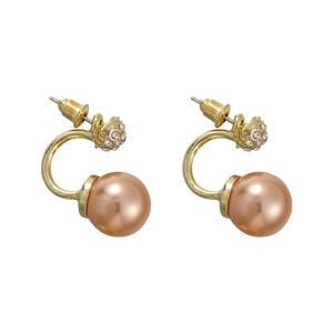 Elegant C-shaped champagne pearl stud earrings with sparkling gold rhinestone accents