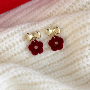 Sweet Red Velvet Flower Bowknot Stud Earrings Alloy Flocking Floral Earrings For Women Christmas Valentine's Day Jewelry