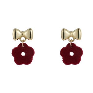 Elegant festive red flocked flower earrings with golden bowknot design for women
