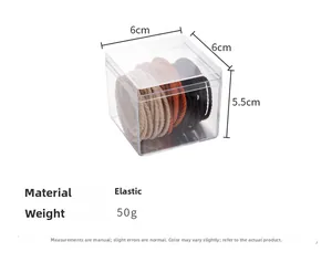 Detailed size chart for 50pcs high elastic hair ties in a 6x6x5.5cm clear storage box