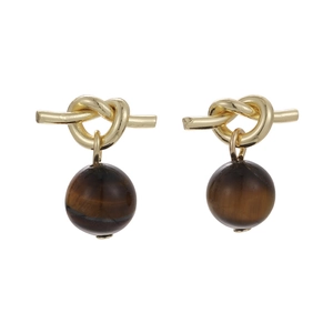 Vintage gold knotted earrings with brown tiger eye stone spheres on a white background