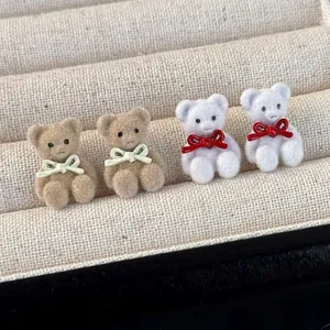 Cute Flocked Bear Stud Earrings With Bowknot Alloy Copper Post Mini Animal Ear Jewelry For Women Autumn Winter Accessories