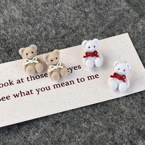 Cute flocked bear stud earrings with 3D bows in brown and white minimalist design