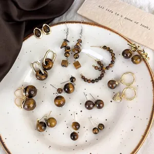Vintage Tiger's Eye Earrings For Women Retro Alloy Geometric Heart Round Stud Dangle Earrings Elegant Brown Stone Jewelry