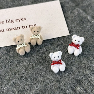 Cute 3D flocked teddy bear stud earrings with bow details in autumn winter style