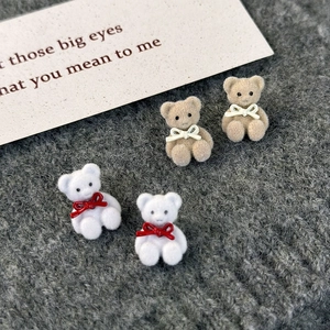 Cute flocked bear stud earrings with 3D bows in white and brown, autumn style jewelry