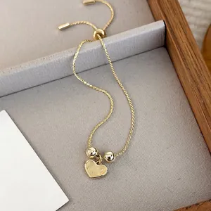 Sweet Simple Heart Charm Bracelet For Women Copper Gold Plated Adjustable Slider Chain Bracelet With Cat Eye Stone Beads
