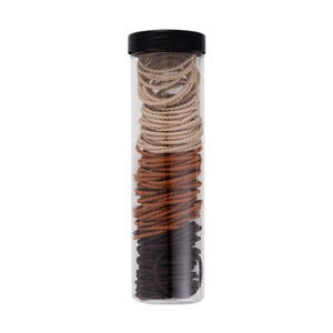 Elastic hair ties set in clear tube container with beige and brown earth tone hair bands