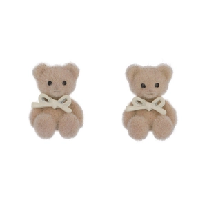 Cute teddy bear earrings with flocking texture and white bow detail on white background