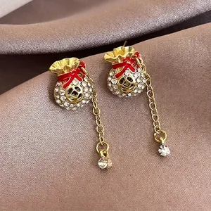 Orecchini Pendenti Vintage in Oro con Sacco della Fortuna Strass Fiocco in Smalto Rosso Nappa Gioielli per Donna Festa