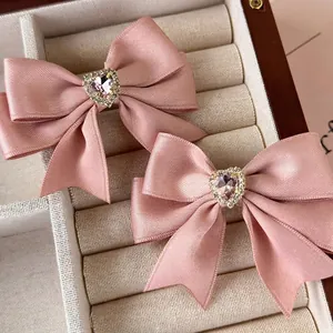 French Sweet Pink Rhinestone Heart Bow Hair Clips For Women Elegant Fabric Duckbill Clip Princess Hairpin Fashion Hair Accessories