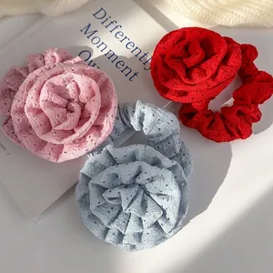 French Style 3D Rose Flower Scrunchies Handmade Eyelet Fabric Hair Ties Sweet Korean Floral Large Hair Bands For Women