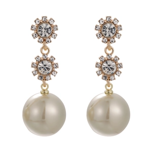 Exaggerated retro earrings with double layer rhinestone flowers and round pearl drops