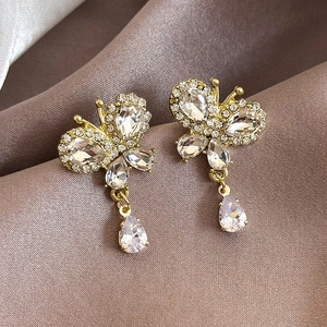 Luxury Alloy Zirconia Butterfly Stud Earrings With Teardrop Tassel Elegant Rhinestone Gold Earrings For Women Jewelry
