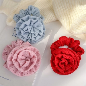 Stereo floral hair scrunchies with hollow embroidery in red pink and blue colors