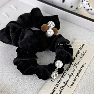 French Retro Velvet Scrunchies With Rhinestone Imitation Artificial Pearl And Pom-poms Elegant Elastic Hair Tie For Women Accessories