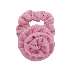Pink eyelet embroidery rose hair scrunchie with large fabric flower floral hair tie accessory