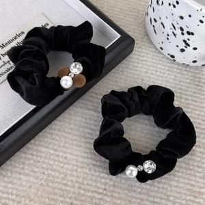 Velvet hair scrunchies set with pearls, crystals and flocking balls for elegant styling