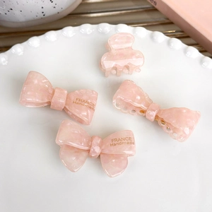 Pink marble texture acetate bow hair clips set with gold France Handmade lettering