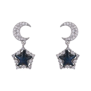Ohrstecker mit Stern und Mond Motiv aus dunkelblauem Glitzerstein und Silber Kristallen