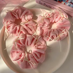 Chouchou en Tricot Rose Doux Avec Nœud en Ruban Crème pour Femmes Filles Accessoires de Cheveux Souples Anneau de Cheveux