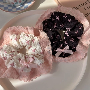 Korean Style Sweet Large Scrunchies With Pink Lace Edge Bow Pattern Satin Ribbon Bow Knitted Fabric Hair Tie For Women