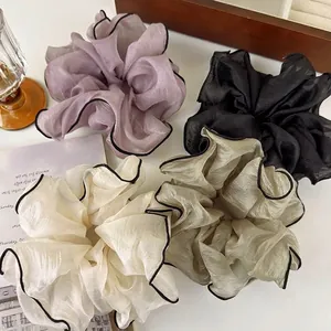 Large Organza Style Scrunchies For Women Korean Elegant Black Contrast Edge Elastic Hair Ties Fashion Ponytail Holder Accessories