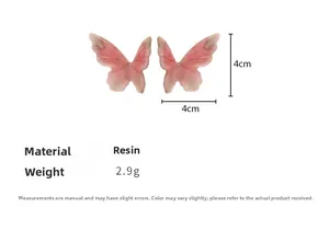 Detail specifications of resin butterfly earrings with pink gradient and gold glitter