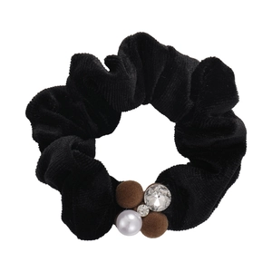 Velvet hair scrunchie with brown pom poms, faux pearls and sparkling rhinestones