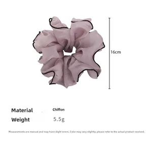 Detail view of 16cm oversized lavender chiffon scrunchie with elegant black silk edging